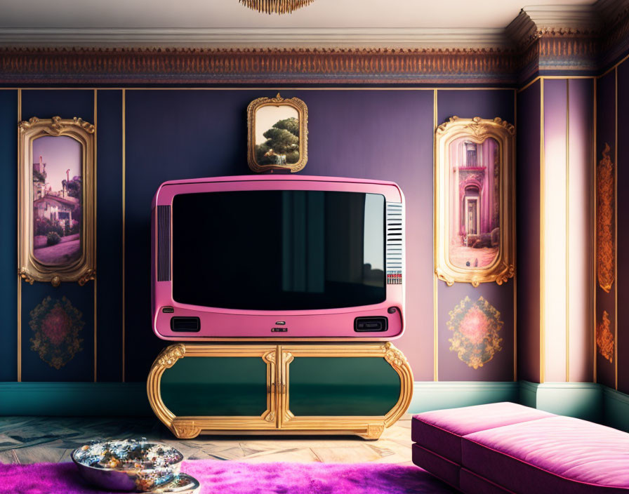 Vintage-style Pink Television Set in Elegant Room with Purple Walls