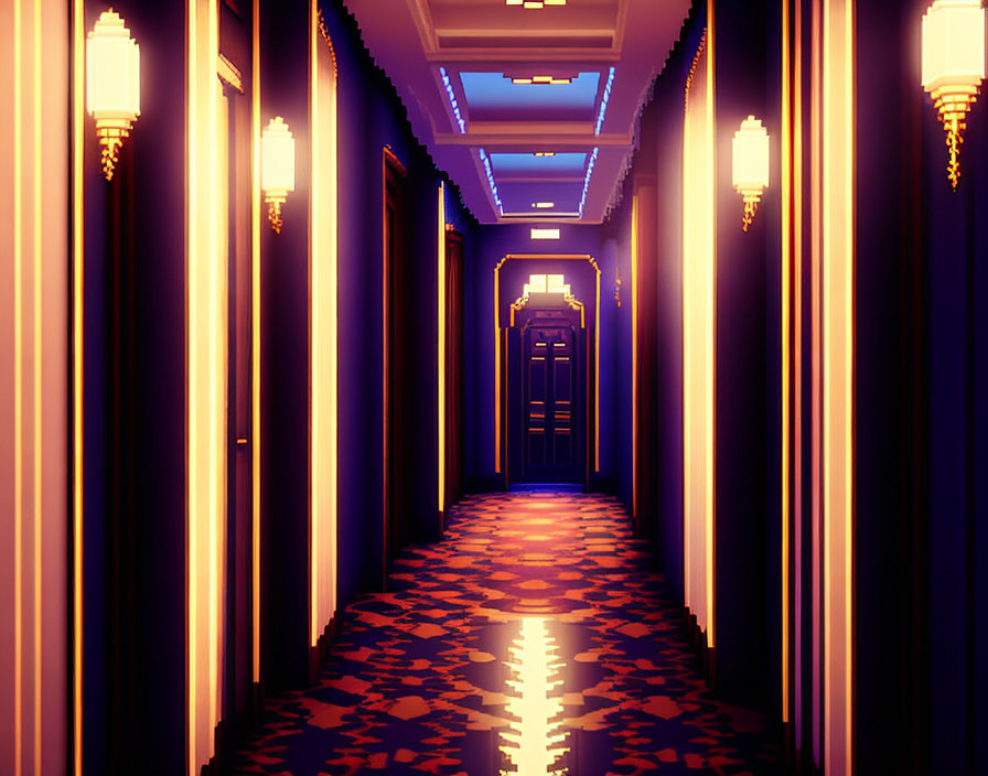 Vibrant Retro-Style Hallway with Neon Ambiance