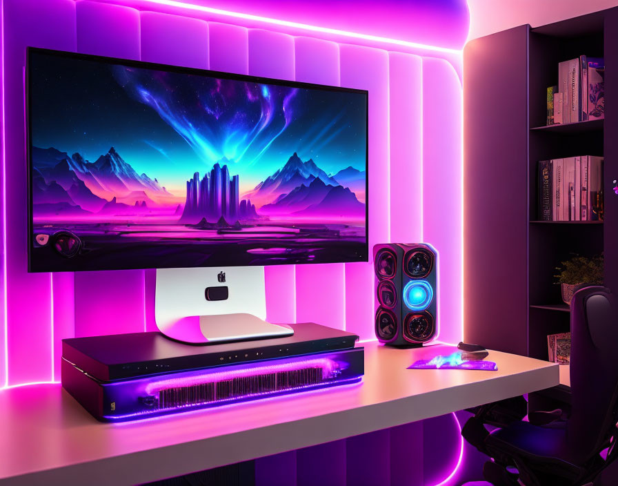 Contemporary desk setup with large monitor, RGB lighting, computer tower, speakers, and bookshelf