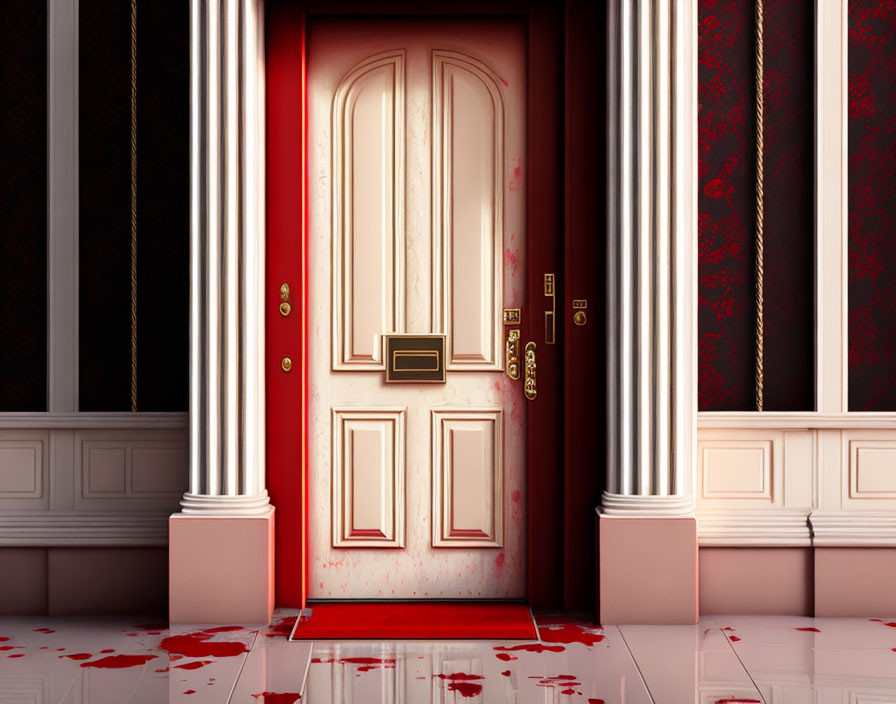 Luxurious room with elegant red door and spreading pool of blood