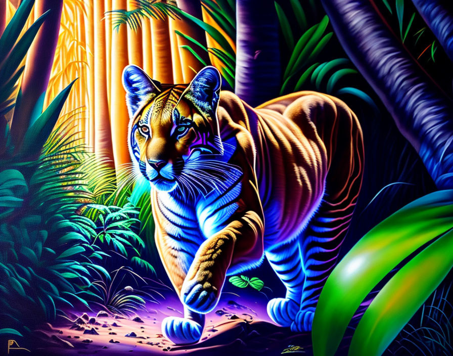 Colorful Tiger Painting in Lush Jungle with Dynamic Lighting