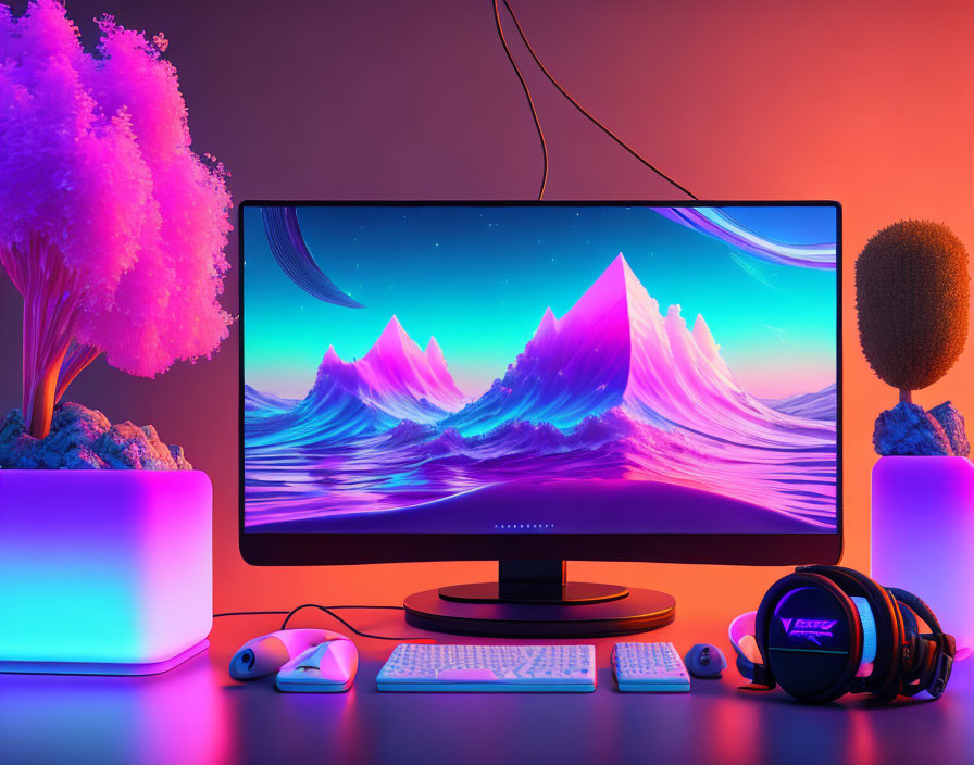 Dual Monitor Gaming Setup with Neon Lighting and Mountain Wallpaper