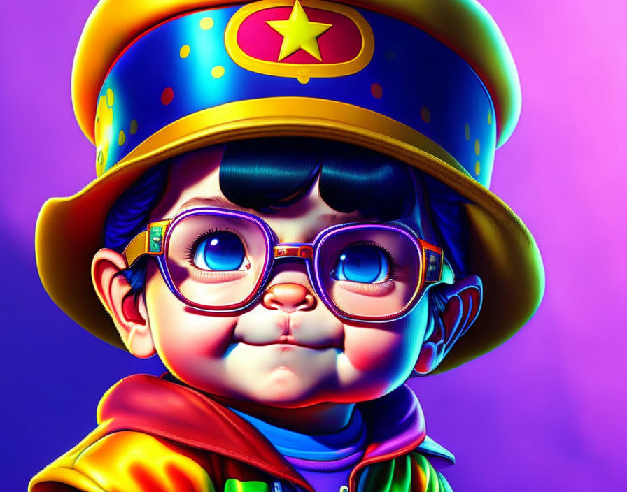 Colorful digital artwork: Stylized child with starry hat and round glasses