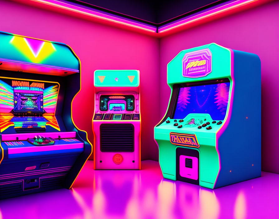 Neon-lit retro arcade room with pink and blue classic game cabinets