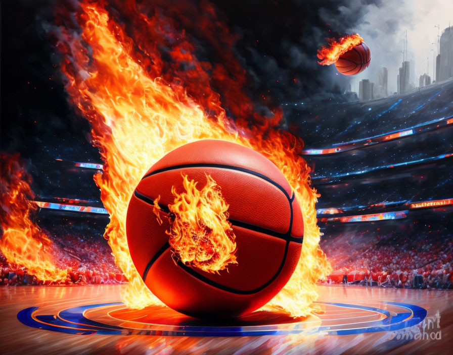 Flaming basketball on fiery court in stadium setting