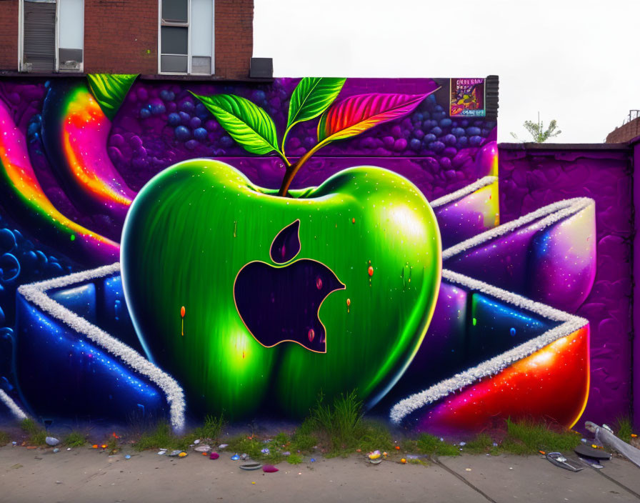 Colorful street art mural of luminous green apple against cosmic backdrop