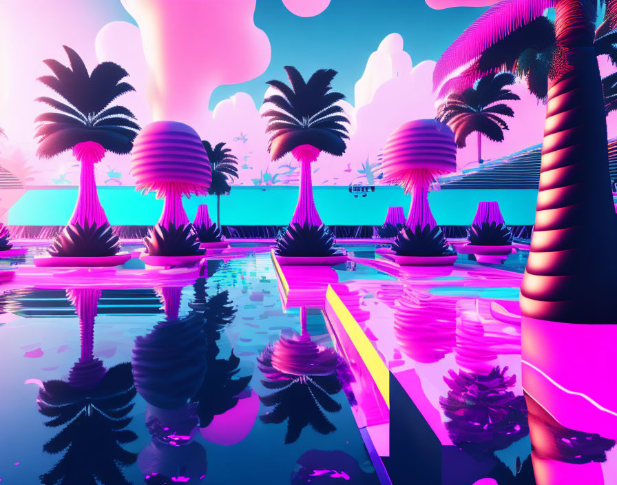 Colorful digital art landscape with palm trees, water reflections, and pastel sky