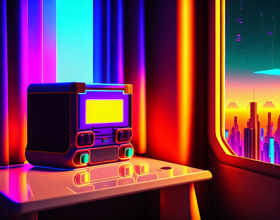 Vintage radio on table with neon-lit cityscape view