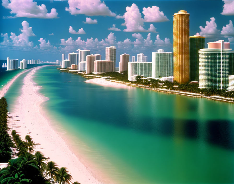 Tropical city skyline on sandy beach with turquoise waters.