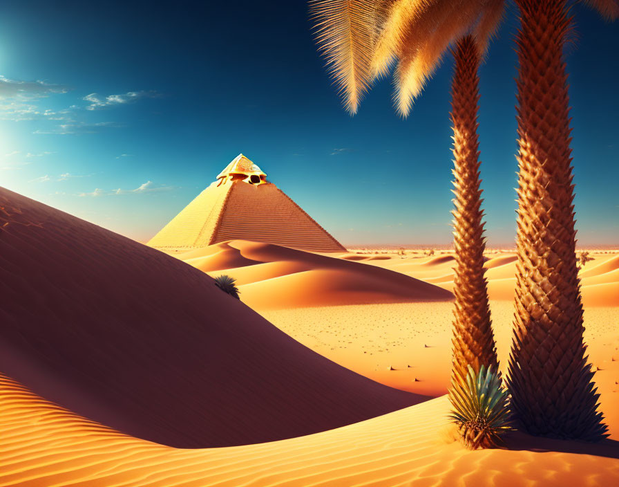 Desert Pyramid Landscape with Palm Trees and Sand Dunes