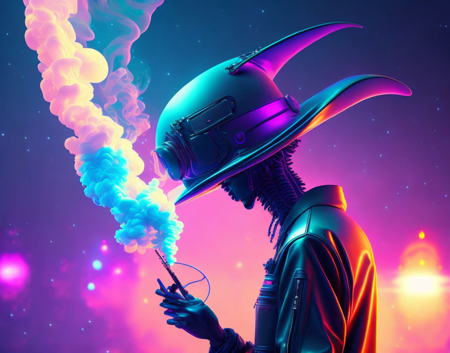 Sci-fi character with horned helmet holding glowing orb in neon-lit setting