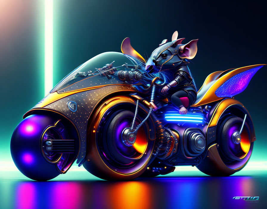 Futuristic anthropomorphic mouse on neon-lit motorcycle