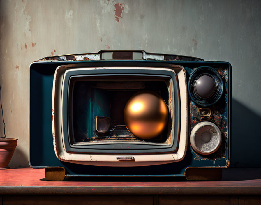 Vintage television set displaying shiny golden egg in surreal room setting.