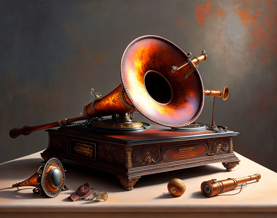 Vintage gramophone with large horn and steampunk accessories on table