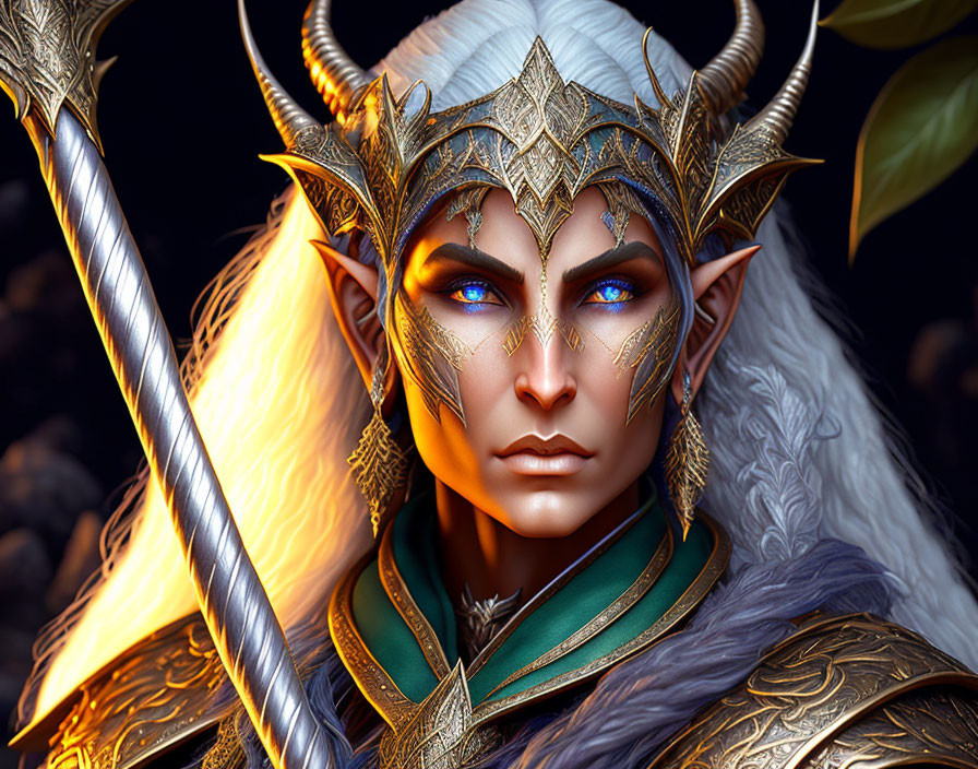 Fantasy elf character with golden headgear, blue eyes, white hair, pointed ears, ornate