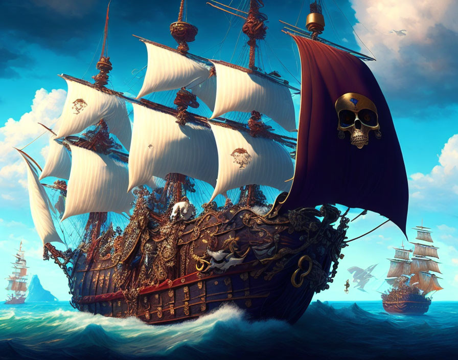 Ornate pirate ship with white sails and skull flag sailing the ocean under blue sky