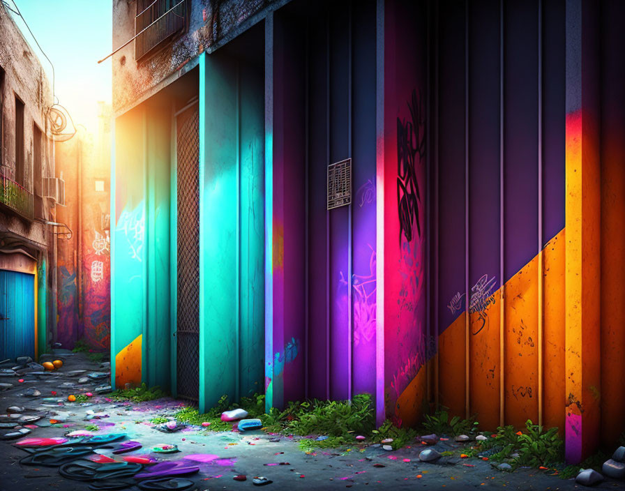 Colorful graffiti-filled alley under sunlight with litter and paint cans.