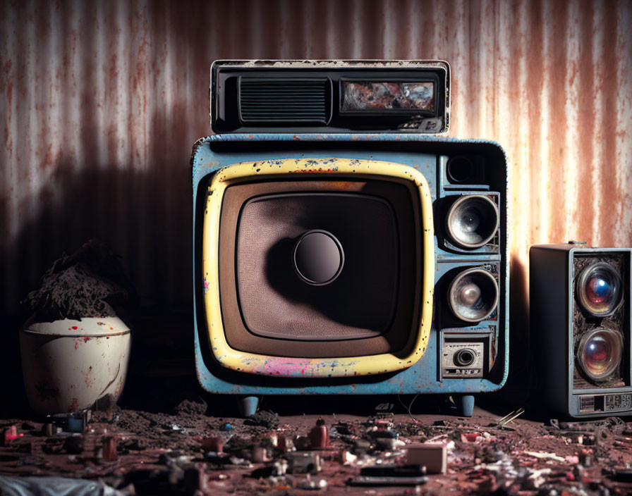 Vintage television and radio on dirty floor with peeling wall - moody, abandoned scene