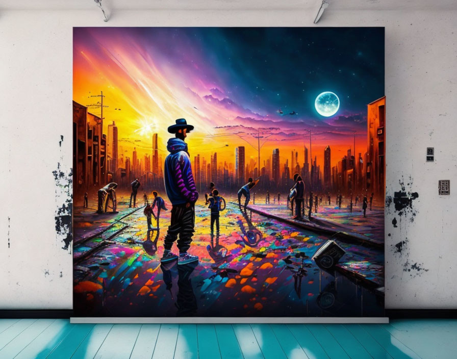 Colorful Surreal Cityscape at Sunset with Silhouetted Figures