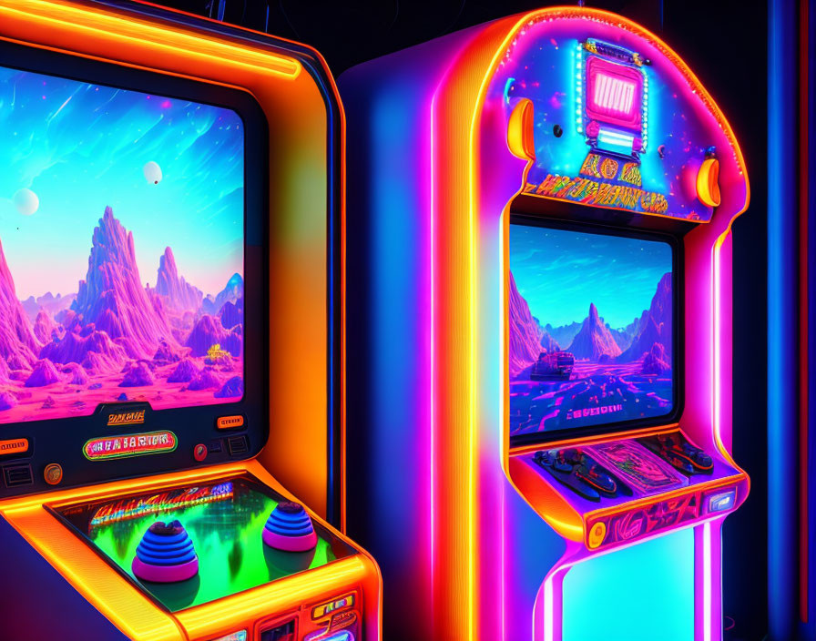 Colorful Space-Themed Arcade Machines with Neon Lights