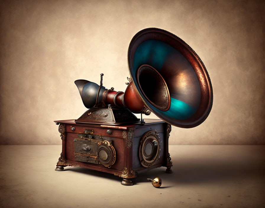 Vintage Gramophone with Large Horn Speaker on Textured Backdrop