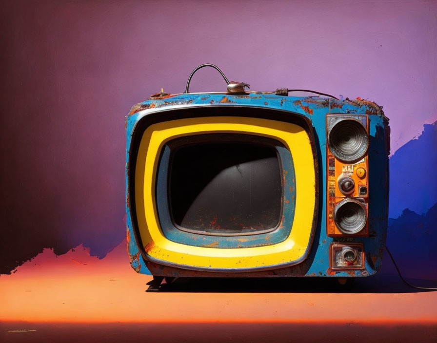 Vintage television with colorful, peeling paint on purple and orange gradient.