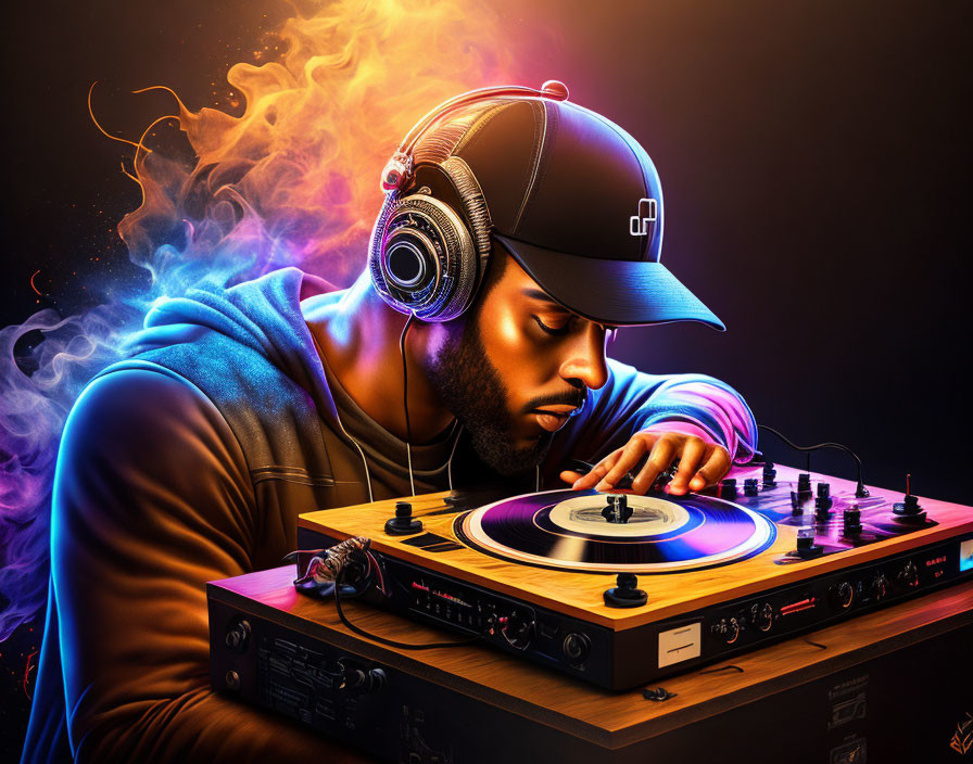 DJ mixing music in cap and headphones under neon lights