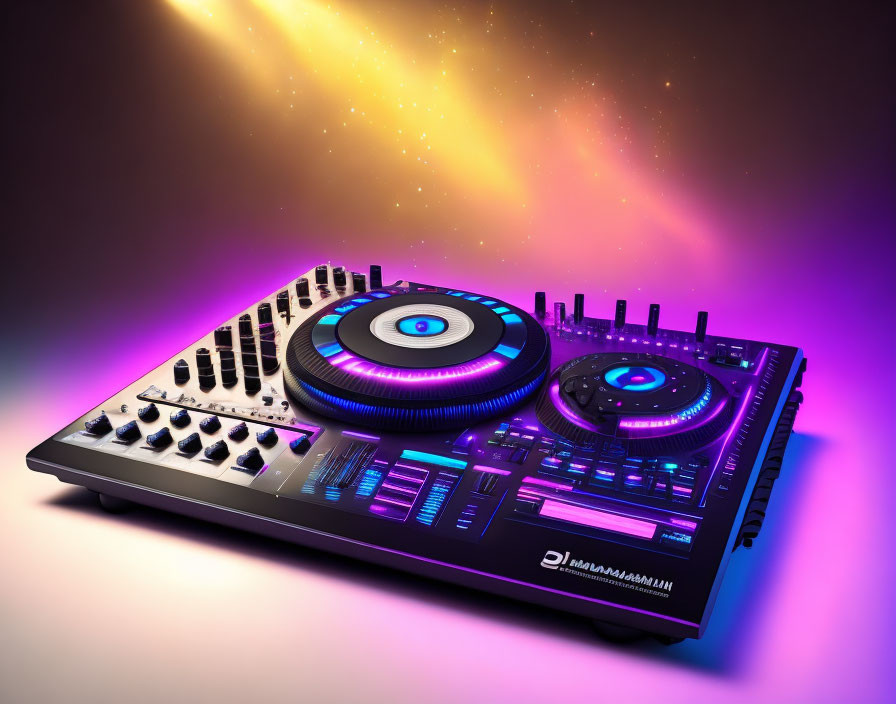 DJ controller with illuminated buttons and jog wheels under neon glow on starry sky backdrop