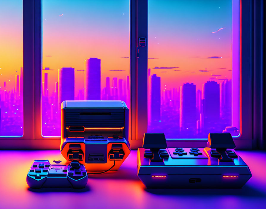 Colorful Neon-Lit Retro Gaming Setup with Cityscape View