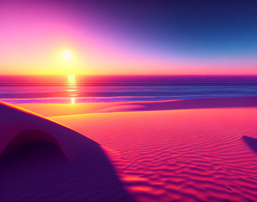 Colorful sunset over serene desert dunes and distant ocean