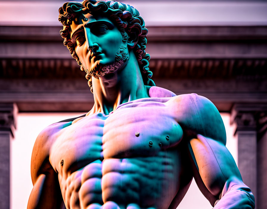 Color-enhanced photo of muscular male classical statue with dramatic lighting