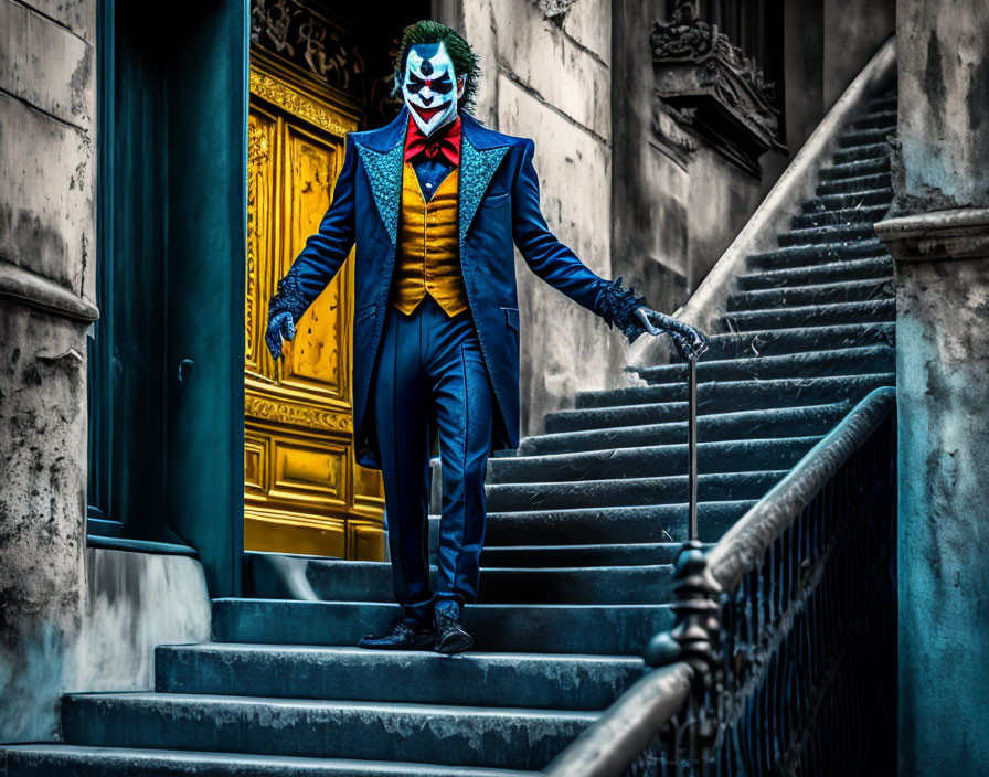 Cosplayer in Joker costume with outstretched arms on steps