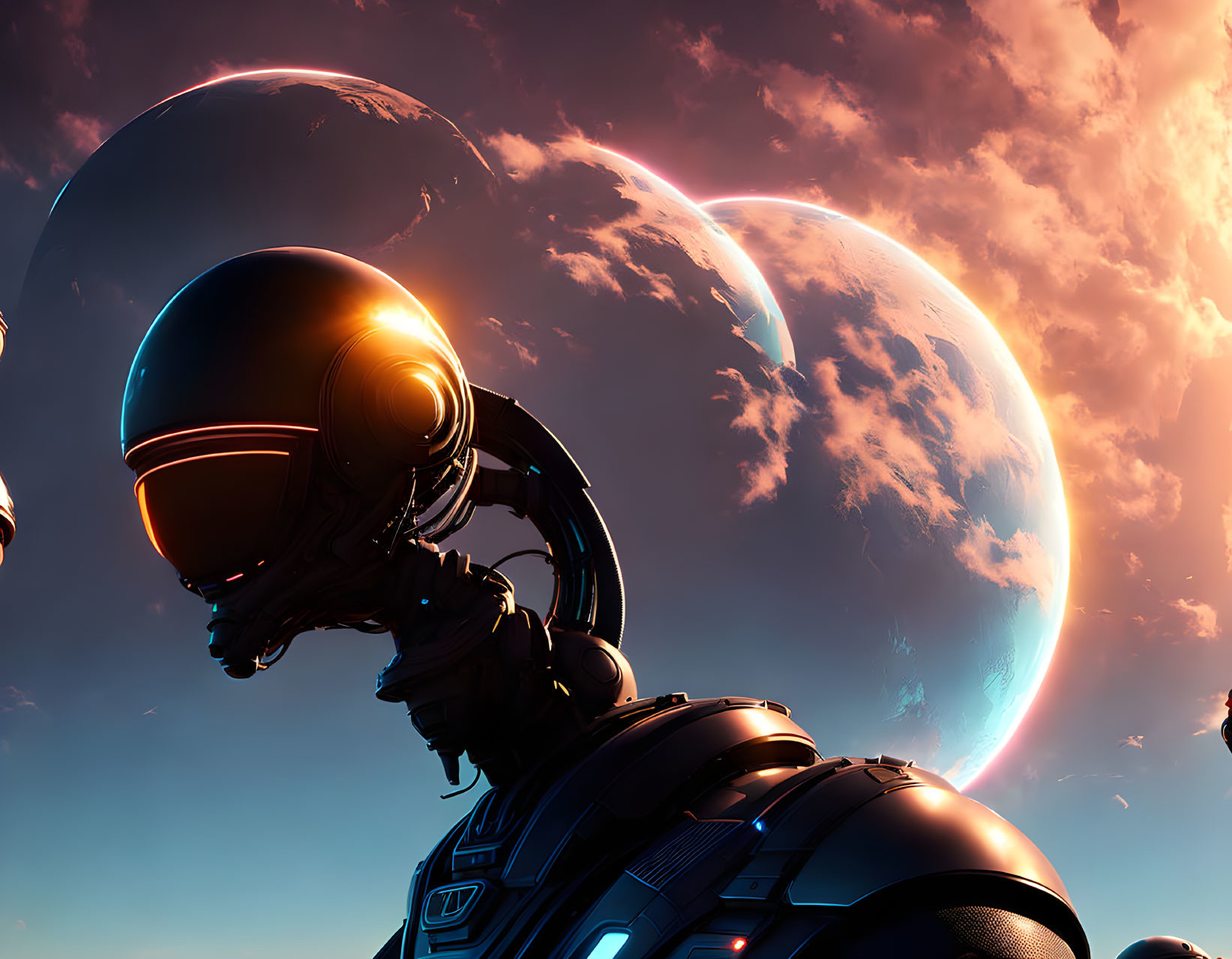 Futuristic robot admiring celestial body at sunset