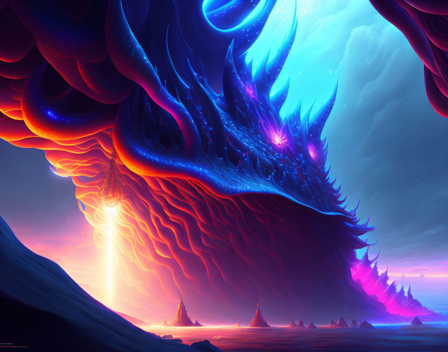 Vibrant alien landscape with swirling structures and glowing terrain