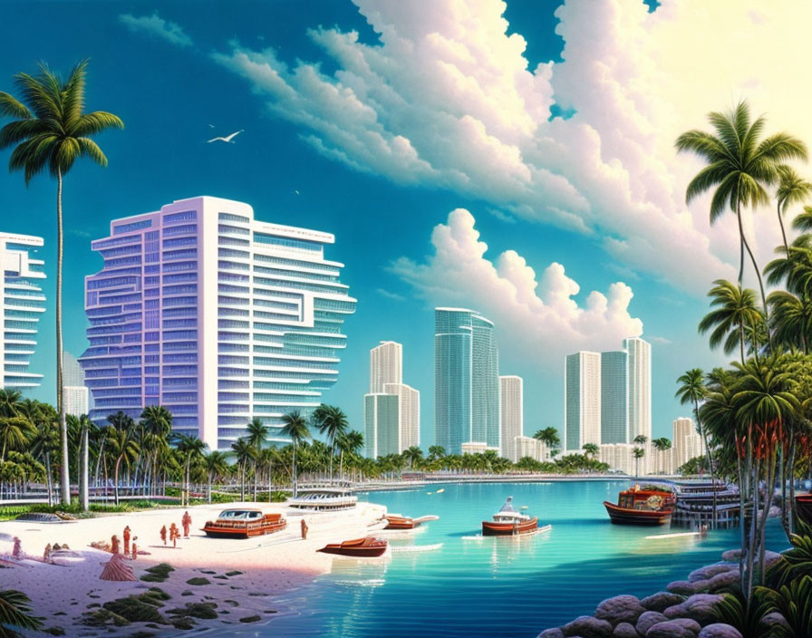 Vibrant Tropical Cityscape with Palm Trees, Skyscrapers, Boats, and People