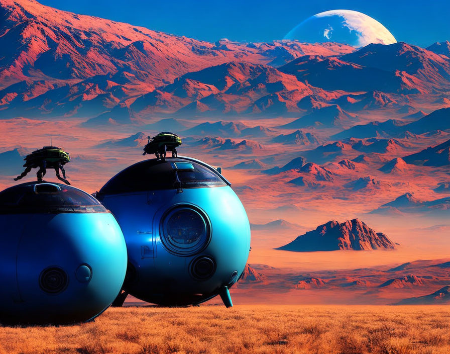 Futuristic blue spheres with transparent domes on rocky desert landscape