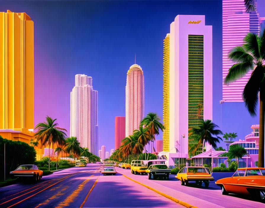 Colorful retro cityscape with skyscrapers, palm trees, and classic cars in a Miami-inspired