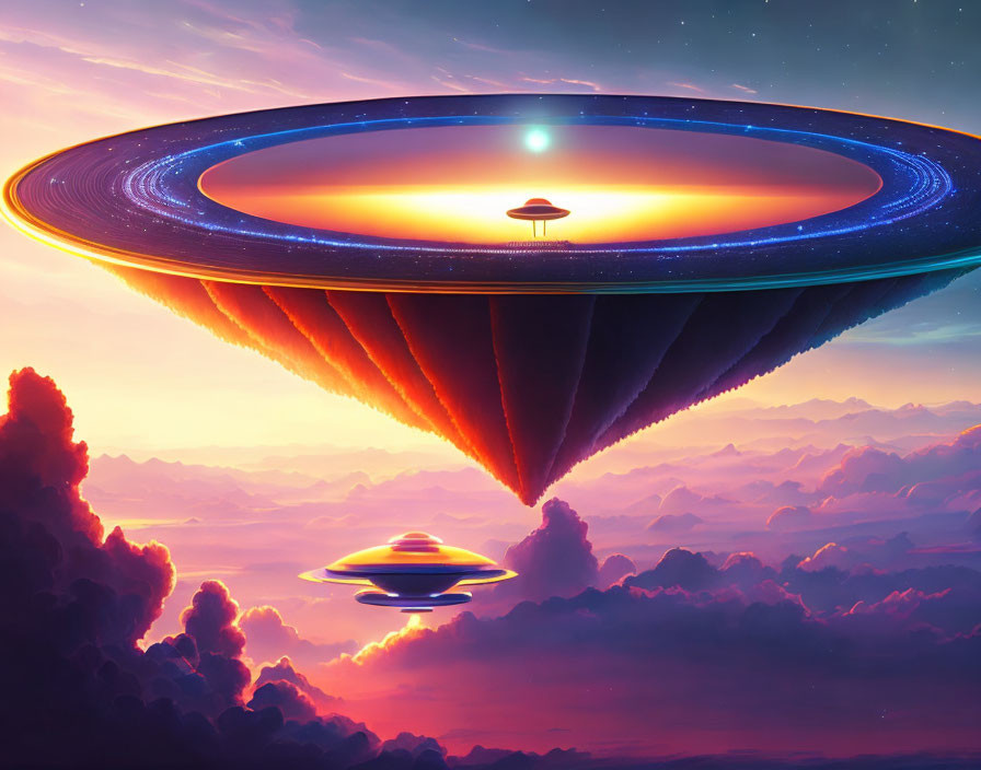 Gigantic ring-shaped alien spaceship over cloudy landscape at sunset