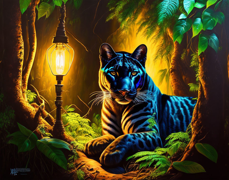 Colorful Striped Tiger and Lantern in Lush Forest Setting