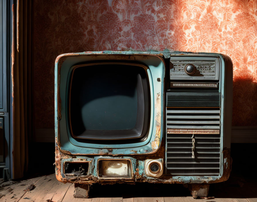 Rusty turquoise-framed TV on wooden floor with sunlight shadows