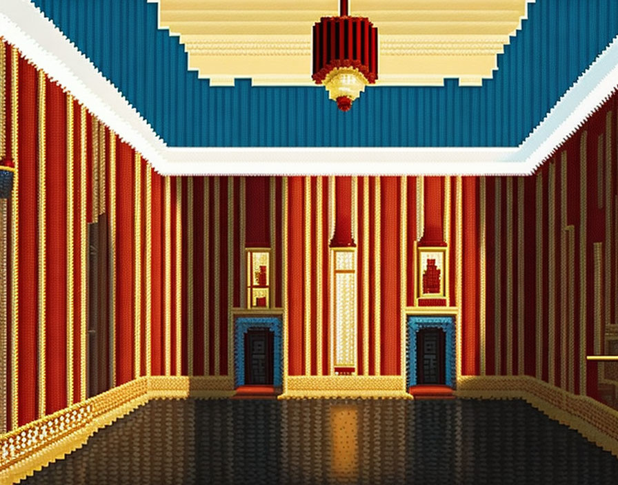 Pixel Art: Elegant Room with Red Striped Wallpaper, Blue Doorways, Ornate Lamps,