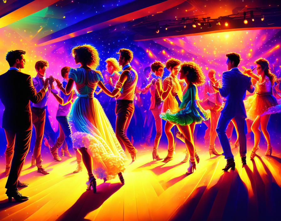 Colorful dance floor with neon lights and retro-dressed dancers.