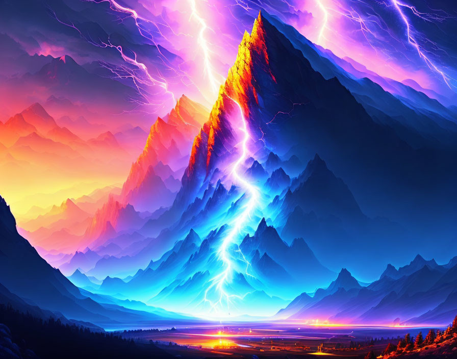 Colorful digital artwork: Stormy sky over vibrant mountain range