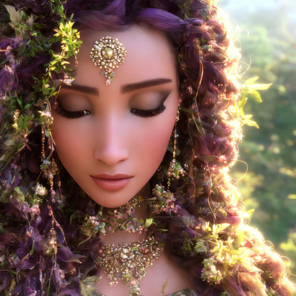 Digital portrait of woman with purple hair, adorned with golden jewelry, surrounded by green leaves and flowers against