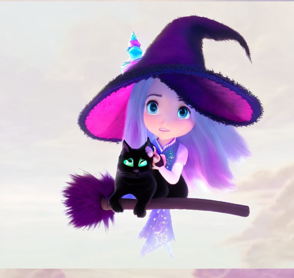 Animated young witch with purple hair and unicorn hat flying on broomstick with black cat