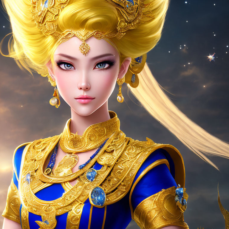 Woman in Ornate Golden Armor Against Celestial Night Sky