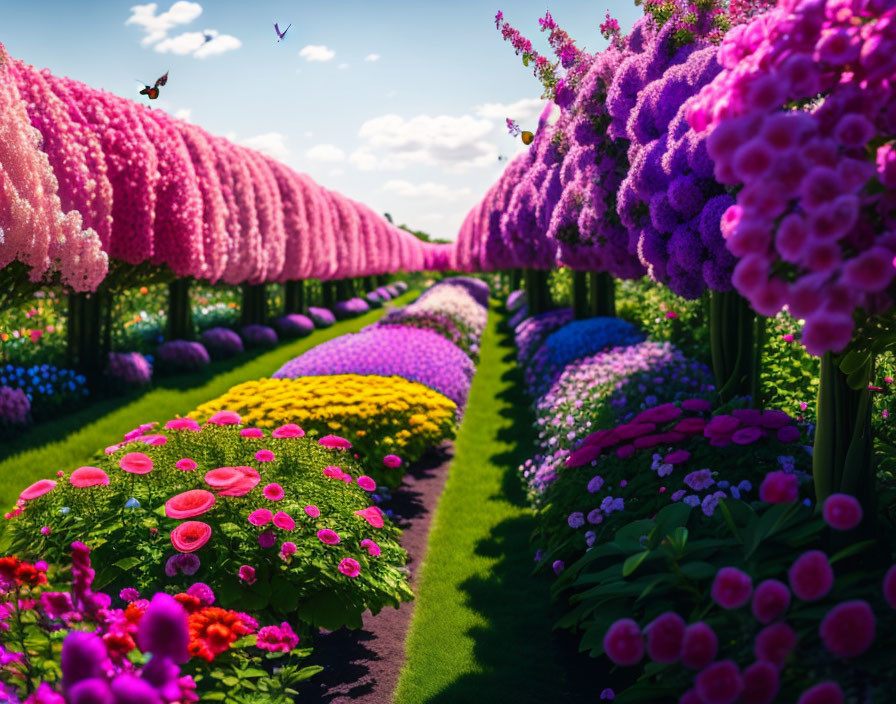 Colorful Flower Garden with Path and Butterflies under Sunny Sky