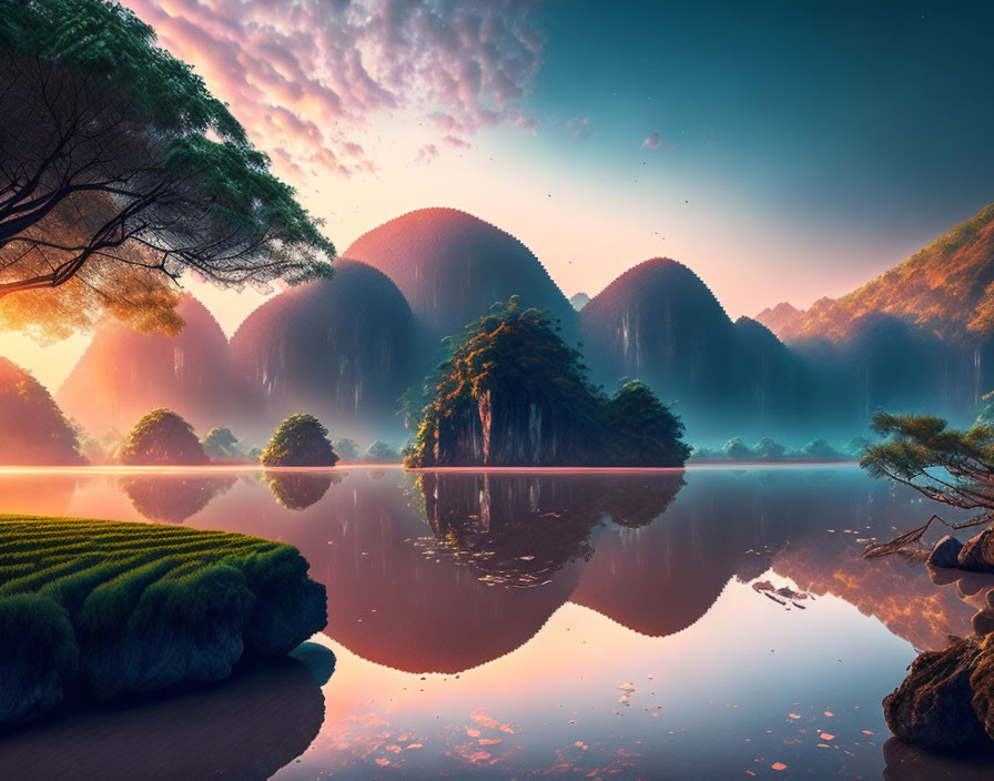 Tranquil lake scene with rolling hills, sunset sky, and serene ambiance