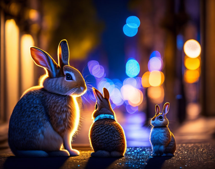 Three rabbits of varying sizes on urban street at night with warm streetlights and bokeh lights.