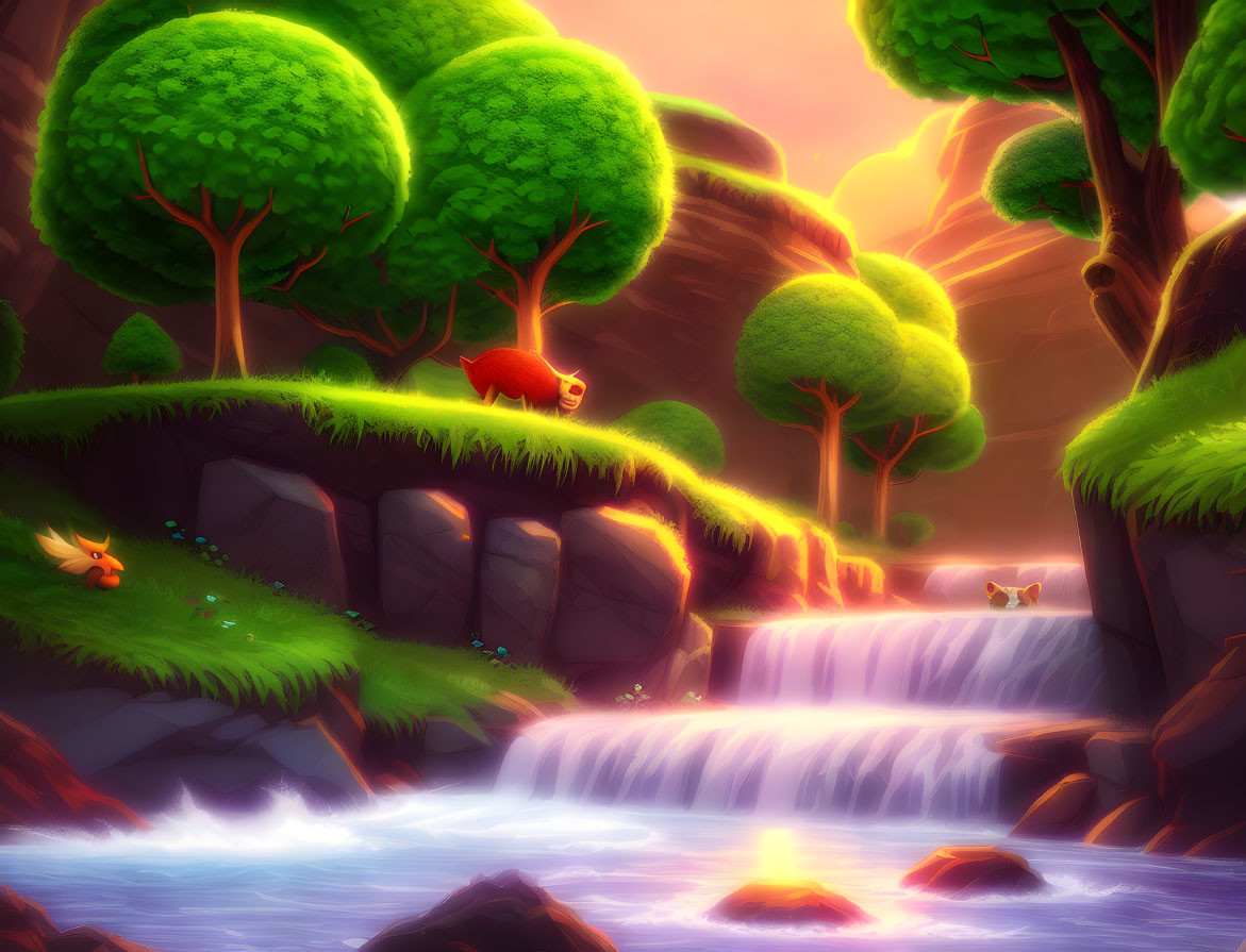 Lush green fantasy landscape with waterfall and wildlife